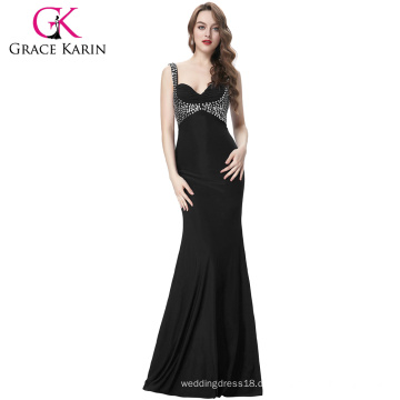 Grace Karin Ärmellos Sexy Backless Long Perlen Stretchy Schwarz Abendkleid CL6096-1 #